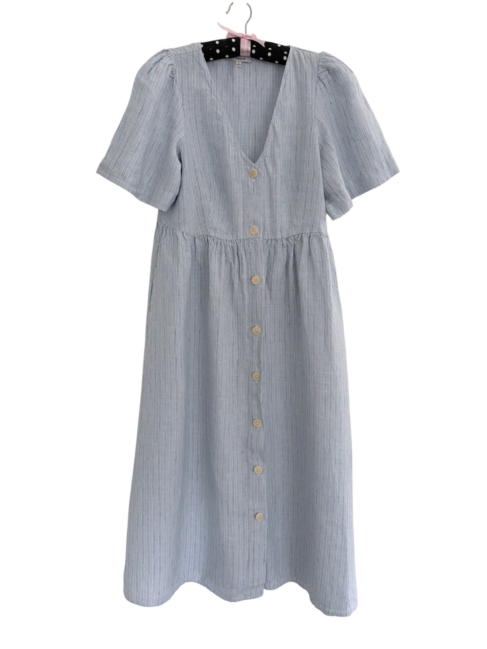 Madewell Pale Blue Striped Button-Front Midi Dress 100% Linen
